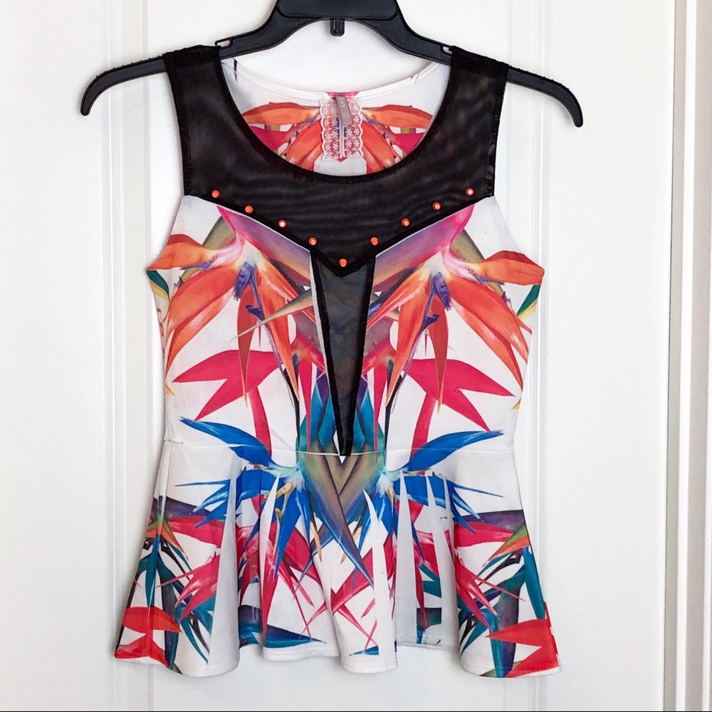 Mauve Peplum Black Net Sleeveless Top Size: L